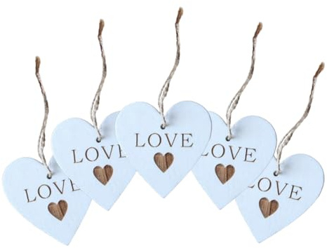 White Wooden Engraved Love Hearts (5 Pack) with String -Durable & Lightweight Painted MDF Wood Shapes (6cm x 6cm) with a Pre-Cut Hole - Perfect for Hanging, Valentines, Anniversaries, Weddings & Gifts