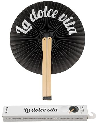 fisura. – Éventail pliable noir Dolce Vita. Éventail pliable original en papier. Pai pai noir et blanc. Détail de mariage pour invités. Cadeau fête ou cérémonies.