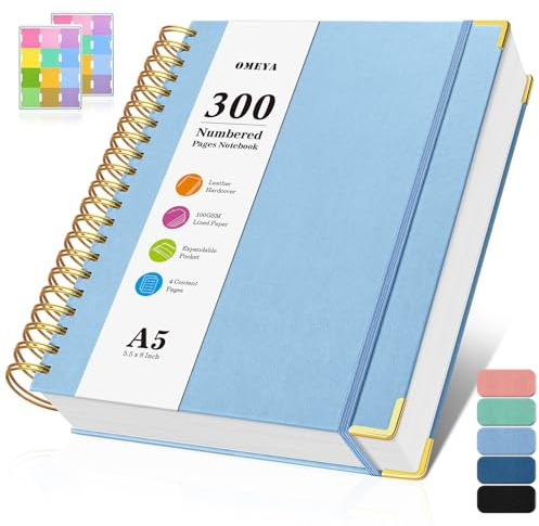 Spiralanteckningsbok, 300 numrerade sidor anteckningsböcker högskola styrd med kontens, 100 GSM tjock dagbok för kvinnor män, inbunden läderfodrad journal för att skriva, stor A5 journalföring