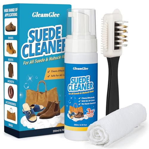 GleamGlee Suede Cleaner – 200ml Suede & Nubuck Shoe Cleaner with Brush & Cloth – Cleans and Restores Shoes, Boots, Trainers, Jackets, Handbags, Bags and More