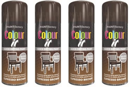HitlineUK 4 X 400ML Brown Gloss Paint DIY Wood Plastic Metal All Purpose Brown Spray Paint