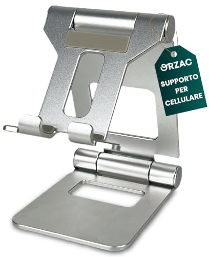 ORZAC® Soporte Móvil Escritorio de Aluminio – Soporte para Móvil Mesa Plegable y Ajustable – Compatible con Teléfonos y Tablets – Color Gris Aluminio