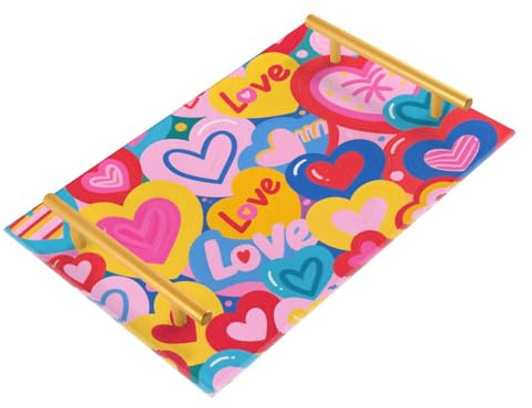 Bandeja decorativa para servir con diseño de corazón de caricaturas coloridas con asas, bandeja para sala de estar para joyas, perfumes, para servir charola para desayuno