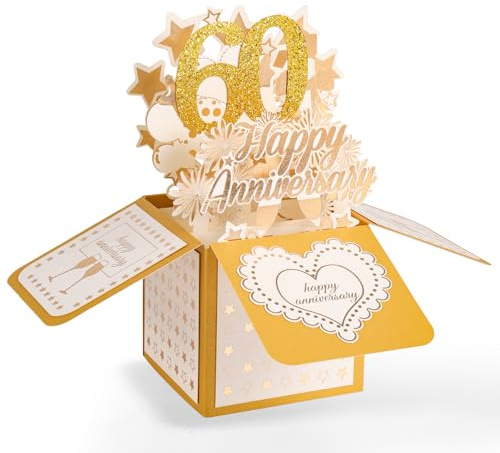 60° Biglietto d'Anniversario, 3D Oro Happy Anniversary Biglietto Pop-Up con Busta per Donne Uomini Moglie Marito Coppie Genitori Lui Lei Regalo di Matrimonio