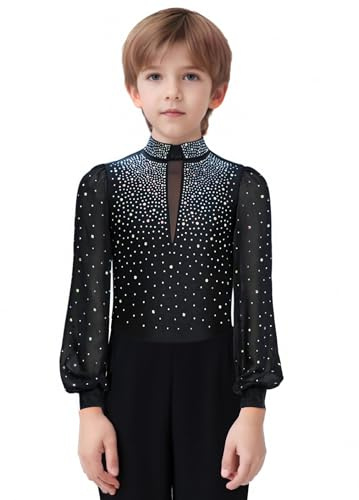 Xnihocha Kids Boys Sparkle Rhinestones Figure Ice Skating Leotard Shirts Latin Jazz Tango Dance Bodysuit Ballroom Outfit Black 5-6 Years