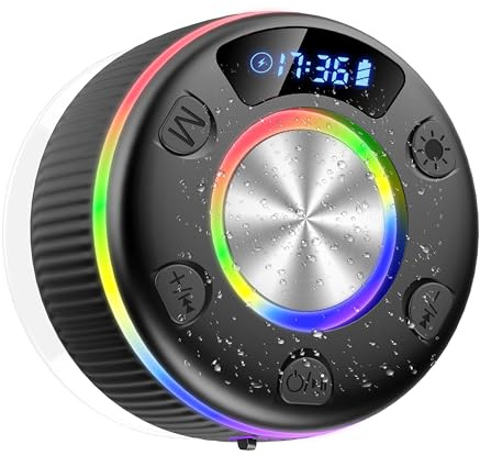 Bluetooth Lautsprecher Dusche, musikbox Bluetooth mit HD Mic, RGB Lichtshow, Zeitangabe, Mini Duschlautsprecher mit Saugnapf, 8H Stereo Sound Tragbare Speaker, IP7 Wasserdicht für Badezimmer, Outdoor
