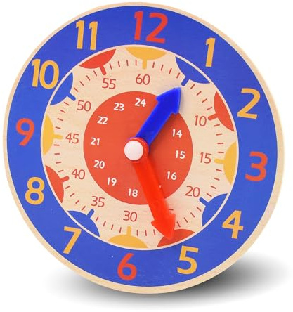 Kikuo 14 cm Reloj de madera para Los Alumnos, Reloj de Aprendizaje para Niños Relojes de Enseñanza con manecillas de horas y minutos, juguete educativo, para Educación Familiar Preescolar(Azul marino)