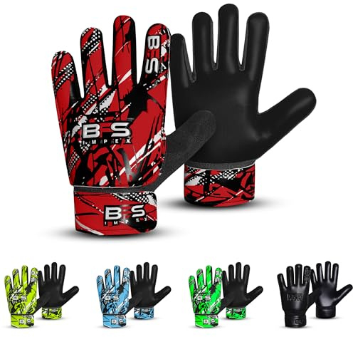 BFS IMPEX Kids Soccer Goalie Gloves – Youth Football Goalkeeper Gloves for Boys, Youth & Children with Strong Anti-Slip 4mm Latex Grip Palm, Double Wrist Support & Durable Football Gloves (Red, 2)