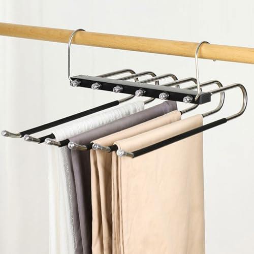 2 Pack Trouser Hangers Space Saving - 5-in-1 Non-Slip Multi-Layer Space Saving Hanger, Clothes Hangers for Wardrobe, Stainless Steel Pants Hanger Closet Storage for Jeans Scarfs Skirts Towel - Black