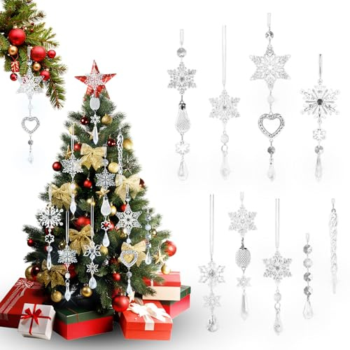 ONGNIUU 21 Piezas Adornos Navideños, Cristal Transparente para Árbol de Navidad - Adornos de Carámbano y Copo de Nieve de Acrílico para Decoración Interior y Exterior Invierno