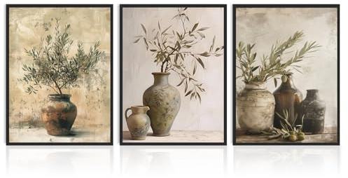 Dazzlewall Set de 3 Piezas Arte de Pared Rama de Oliva Rústica, Lienzo de Rama de Oliva Verde en Maceta de Barro para Cocina Estilo Fermier 30×40 cm Sin Marco
