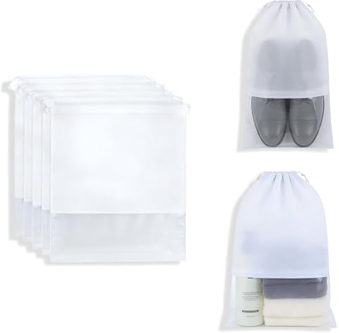 5Pcs Travel Shoe Bags, 44 x 32cm Dust Proof Shoe Storage Bags, Large Drawstring Non-Woven Shoes Storage Bags with Transparent Window, Drawstring Shoe Bag for Men Women (Grey)