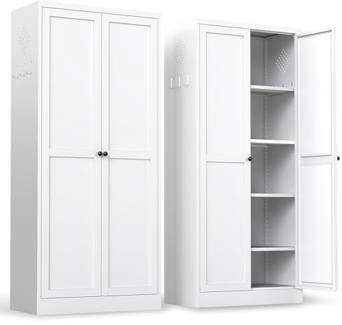 BIZOEIRON Tall Kitchen Cupboard, 155cm Metal Pantry Cabinet Freestanding Kitchen Storage Cabinet with Doors and Adjustable Shelves, Steel Pantry Cupboard for Home Dining Living Room