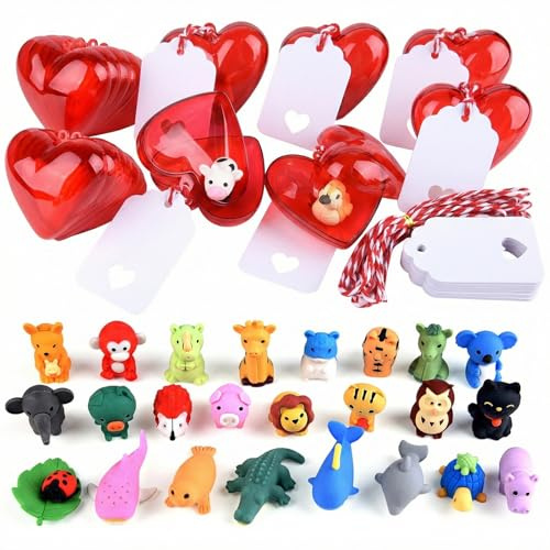 MIAHART 30 Pack Valentines Erasers Set Animal Pencil Erasers Filled Hearts Box and Valentine's Cards for Valentines Party Favors, Carnivals Gift, Supplies (Animal)