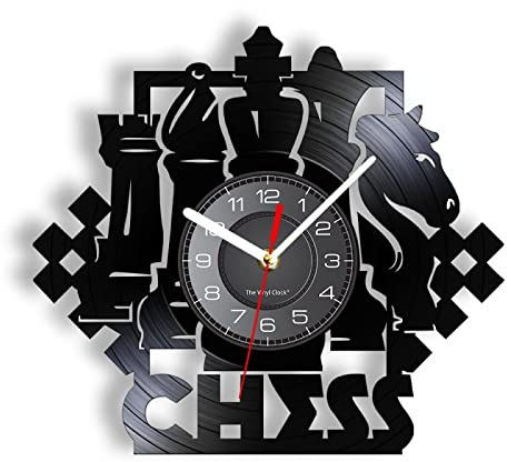 Orologio Vinile -30cm Gioco di scacchi Arte della parete Orologio da parete Scacchiera Pezzi neri Strategia Giocatore Club Maestro di scacchi Orologio da record in vinile Regalo per gli aman