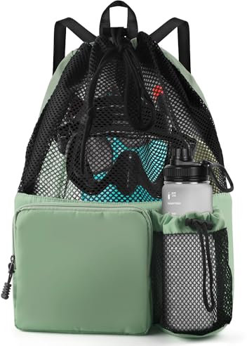 BROTOU Schwimmen Tasche, Schwimmtasche Mesh-Rucksack mit Kordelzug, Strandrucksack Turnbeutel Sportbeutel Verstellbar Tunnelzug Gymsack Wasserfest Sporttasche für Herren Damen Kinder Jugend (Grün)