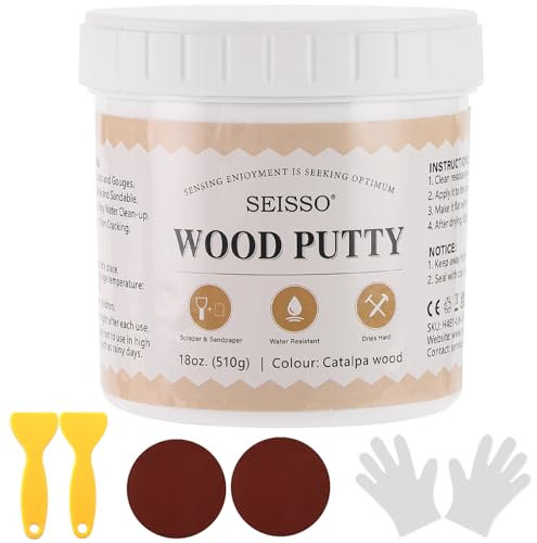 SEISSO Wood Filler, 500g Catalpa Wood Repair Putty, Furniture Repair Set for Repairing Scratches, Stains, Cracks, Hole, Table, Bed, Cabinet, Paintable Stainable & Quick Drying (Catalpa Wood)