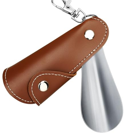 ZOMAKE Metal Shoe Horn, Small Shoehorn for Men Women Kids, 9CM Travel Lazy Mini Shoe Spoon Helper Short Football Boot Horn (Brown)