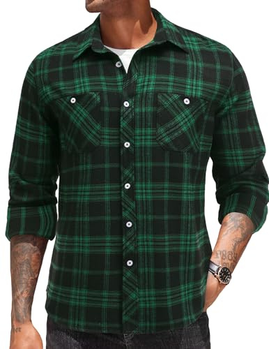 COOFANDY Herrenhemden Flanellhemd Langarm Kariertes Freizeithemd für Männer Holzfällerhemd Karohemd Mit Brusttaschen Check Shirt Arbeitshemden Grün/Schwarz M