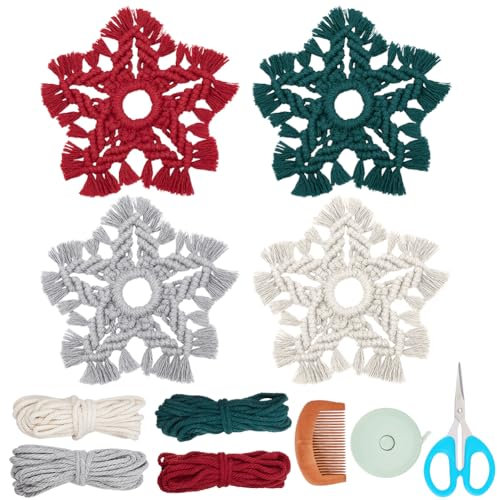 WEBEEDY 4 Sets DIY Macrame Christmas Snowflake Ornaments Kit Handmade Macrame kit for Beginners with Step-by-Step Video Christmas Snowflake Hanging Charms for Home Decoration Unique Gift