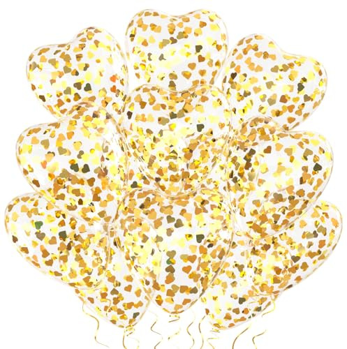 Gold Heart Confetti Balloons 30 Pcs, 12 Inch Clear Heart Latex Balloon with Heart Confetti Inside for Wedding Anniversary Birthday Party Valentine Baby Shower Bridal Shower Decorations Supplies