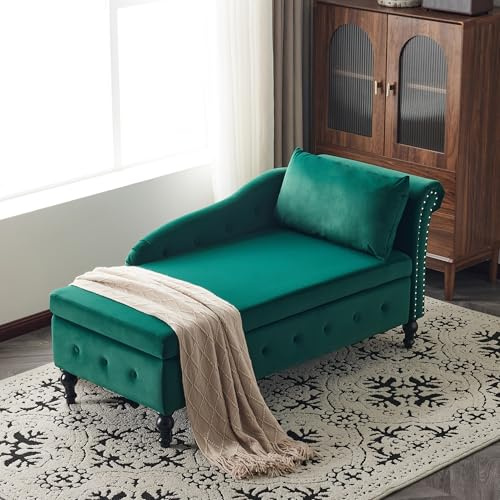 Velvet Chaise Longue Indoor, Chaise Lounge Sofa with Storage, Upholstered Chaise Lounge Chair with Right Armrest and Pillow, Modern Button-Tufted & Nailhead Trim Lounge Sofa for Living Room, Green