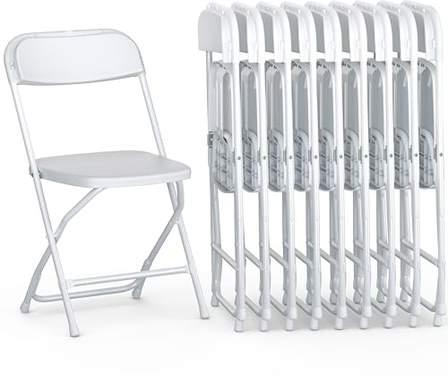 Our Modern Space 10 Pack Foldable Plastic Chair | Folding & Stackable | 350 lbs Capacity Steel Frame Seats for Indoor Outdoor | Commercial Use Events Wedding Party Bulk Picnic Kitchen Dining - White
