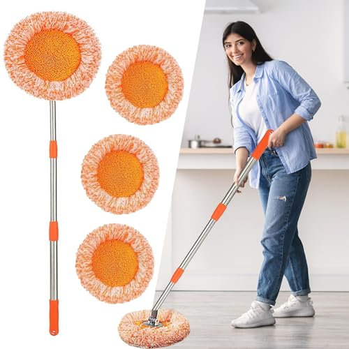 Wall Cleaning Mop, 360° Rotatable Adjustable Microfiber Mops, Long Handle Extendable Walls Cleaning Brush with Heads Replacement, Dry and Wet Cleaner for Wall Car Ceiling Window Floor (3 Mop Heads)