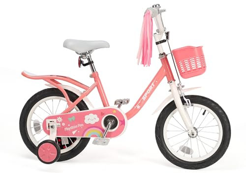 BODIOO 14 Zoll Kinderfahrrad Fahrrad für Mädchenmit und Jungen Stützrädern & verstellbarem Sattelfür Spielrad mit Korb & Klingel Fahrer von 94 bis 107 cm-Rosa