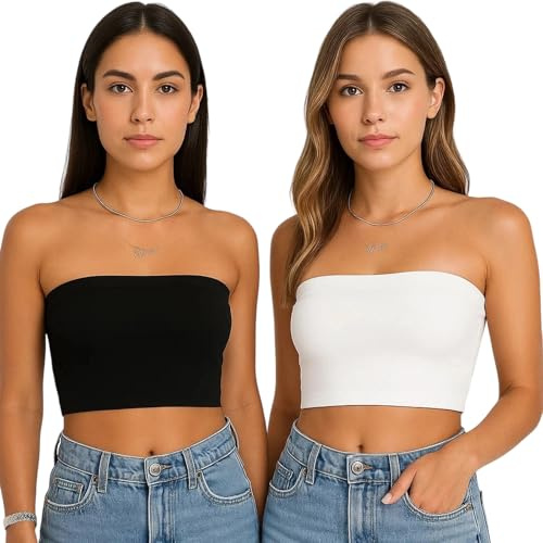 BFSYRR Bandeau Top, 2 PCS Tube Top for Women Strapless Top, Black and White
