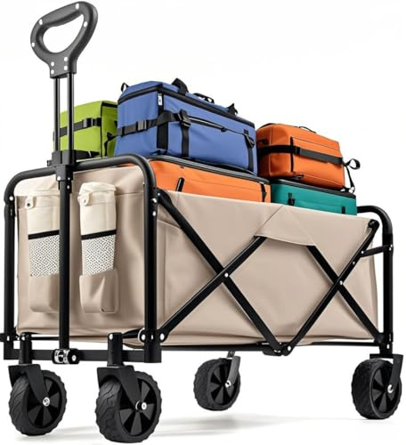 Chariot de Plage Pliable 120L (120KG), Chariot à roulettes 360° + 2 Porte-Gobelets, Pneus 12cm, Dimensions 70x43x72cm, pour Camping & Shopping, Jardin (Beige)