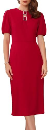 WOMLAYOUT Women's Formal Sheath Dress Puff Sleeve Keyhole Round Neck Elegant Business Midi Pencil Dresses Red M