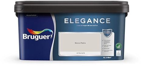 Bruguer ELEGANCE Pintura Monocapa ExtraMate, Paredes y Techos, Interior, Exterior protegido, Alta Durabilidad, UltraLavable, Resistente al Desgaste y Manchas Blanco Piedra 4L