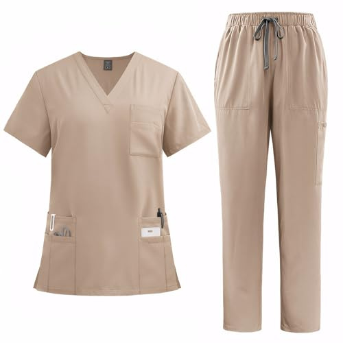 Meichoon Scrubs Set for Women Medical Uniform Set with V Neck Short Sleeve Top Straight Leg Pants 8 Pockets Stretchy Drawstring Moisture-Wicking DK77