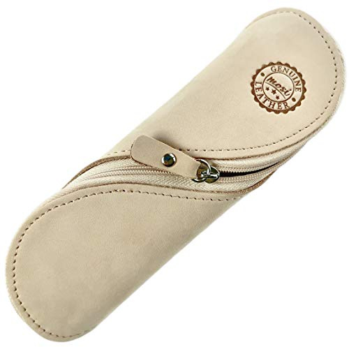 MOSI Étui en cuir véritable souple - fait à la main étui à lunettes, trousse ou porte-stylo (Crème)