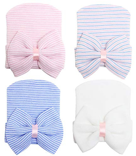 Zando Newborn Hospital Hat Toddler Beanie Baby Boy Girl Knot Headbands with Big Bows Infant Baby Nursery Caps White & Blue & Pink & Pink Blue White One Size