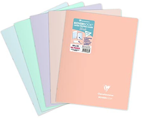 Clairefontaine 981681C Un Cahier Agrafé Koverbook Blush - 24x32 cm - 96 Pages Petits Carreaux avec Marge - Papier Blanc 90 g - Couverture Polypro Opaque - Couleur Aléatoire