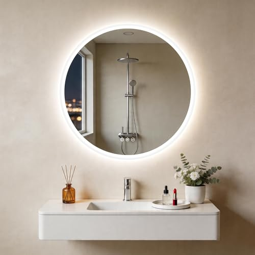 S' bagno 600 mm diameter rund badrumsspegel med LED-lampor, upplyst LED badrumsspegel med Bluetooth, 3 färger, dimningsfunktion, demisterdyna och minnesfunktion, IP44 badrum LED-spegel