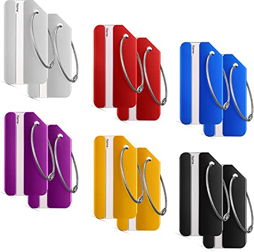 12 Pieces Luggage Tags Business Card Holder Aluminum Metal Travel ID Bag Tag for Suitcases Travel Luggage Baggage Identifier(Red, Silver, Black, Blue, Purple, Gold)