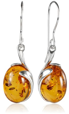 GIA Certified Baltic Honey Amber Oval Drop Earrings in 925 Sterling Silver – Genuine Natural Amber Dangle Earrings for Women with Certificate & Velvet Pouch