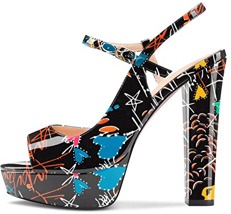 Castamere Donna Chunky Blocco Alto High Tacco Heel Piattaforma Aperte sulla Punta Sandali Cinturino alla Caviglia Slingback Slip-on Feste Scarpe 13 CM Heels Nero Multicolore 37 EU