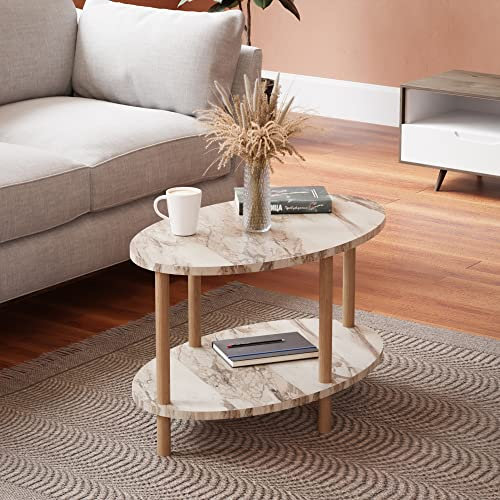 [en.casa] Mesa de Centro Ovalada Højreby con Estante y 4 Patas Mesa Auxiliar Mueble de Salón Oficina Aglomerado/Madera de Haya 43 x 70 x 44 cm - Efecto mármol, Crema
