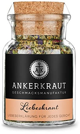 Ankerkraut Liebeskraut Gewürz, Mischung würzender Zutaten mit Kräuter, wie Rosmarin und Minze, für Gemüse, Pasta, Kartoffel, Suppe und Reis, Gewürze mit Liebe zum Verschenken, 30 g im Korkenglas