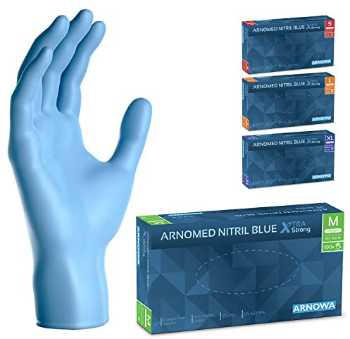 ARNOMED Einweghandschuhe Blau Extra Stark, Einmalhandschuhe in M, 50% dickere Nitrilhandschuhe, 100 Stk./Box, Handschuhe Einweg puderfrei, latexfreie Gummihandschuhe, Einweghandschuhe in S, M, L & XL