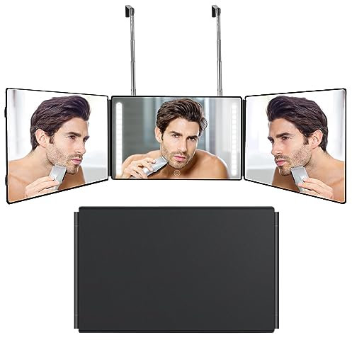 OSDUE 360 Grad Spiegel mit Licht, 3 Wege Spiegel mit Haken, Klappspiegel 3 Teilig Haare Selbst Schneiden, zum Haareschneiden, Rasierspiegel mit 10X Vergrößerungsspiegel, Haarstyling