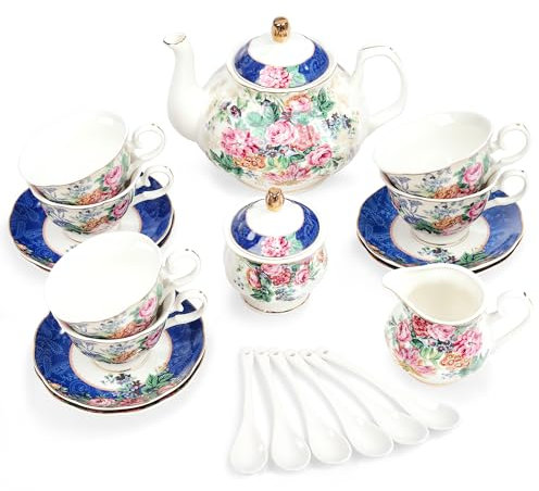 fanquare 15 Stück Blau Blumen Porzellan Tee Service, Rosa Blume Keramik Tee Tasse und Untertasse Set für 6, China Kaffee Set für Erwachsene und Frauen