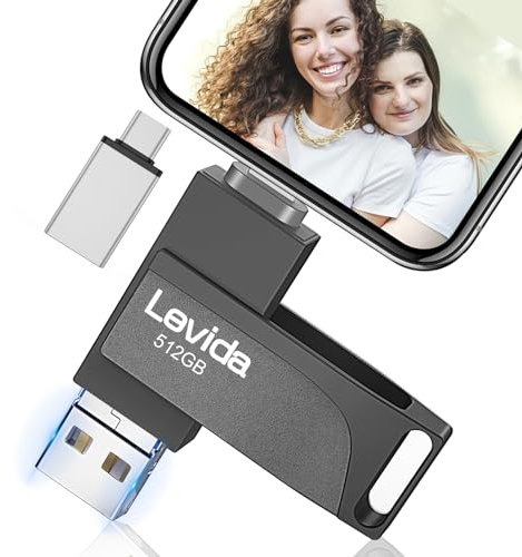 USB Stick 512GB für Phone,Levida Speicherstick,Photostick,Externer Speicher 4 in 1,Fotostick 3.0,Flash Drive für Handy,iOS,Android,Pad,Laptop,Pc(Mobile Memory,Automatic Photo Backup),Helles Schwarz