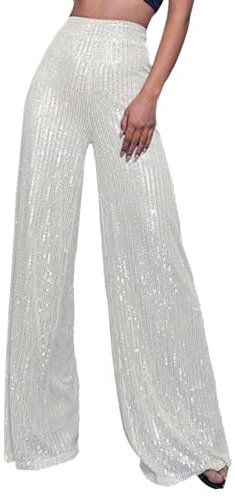 Pailletten Hose Damen High Waist - Weite Hose Damen Glitzer Hose Damen Elegant Haremshose Schlaghose Hochzeit Party Streetwear Freizeithose Weites Bein Lose Festliche Lange Hosen Frauen