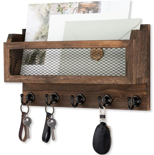 Nekon Mail and Key Holder for Wall Decorative, 11 Inch Wooden Wall Key Organizer with 5 Key Hooks, Wall Mount Storage Shelf for Entryway Hallway (Brown)