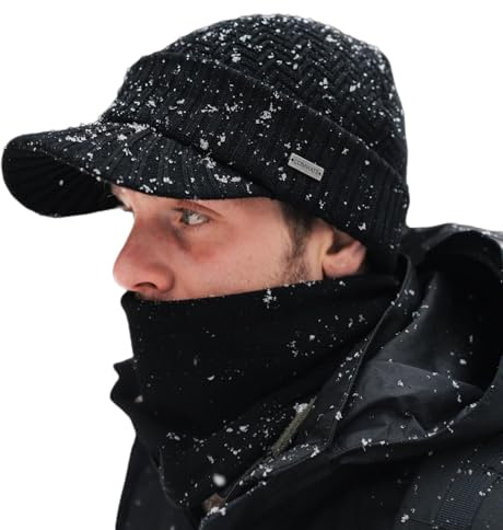 Comhats PolarWool™ Gorro de invierno Set de invierno de lana merina con gorro con visera y bufanda de tubo para la nariz, gorro de lana con visera y calentador de cuello de forro polar M/L/XL, L